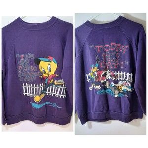Vintage 90s 1996 Looney Toons Tweedy Bird Taz Double Sided Crew Neck Size S READ